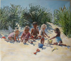 Oil painting by Nic Cowper of kids on a beach