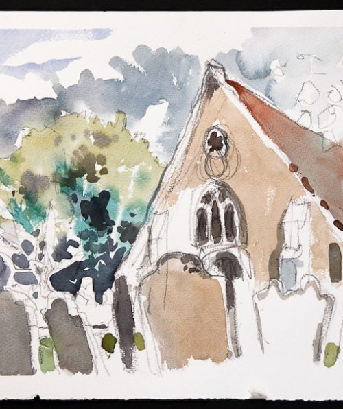 A watercolour sketch of warblington church by emsworth artist nic cowper