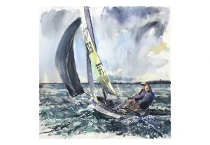 Watercolour painting of RS feva in Chichester Harbour by Nic Cowper, Emsworth artist