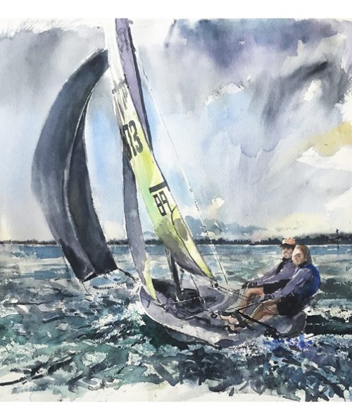 Watercolour painting of RS feva in Chichester Harbour by Nic Cowper, Emsworth artist
