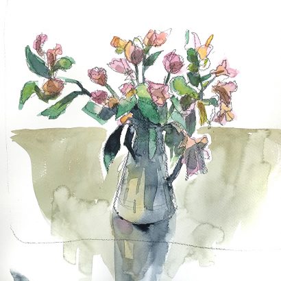 A watercolour by Nic Cowper of still life with flowers
