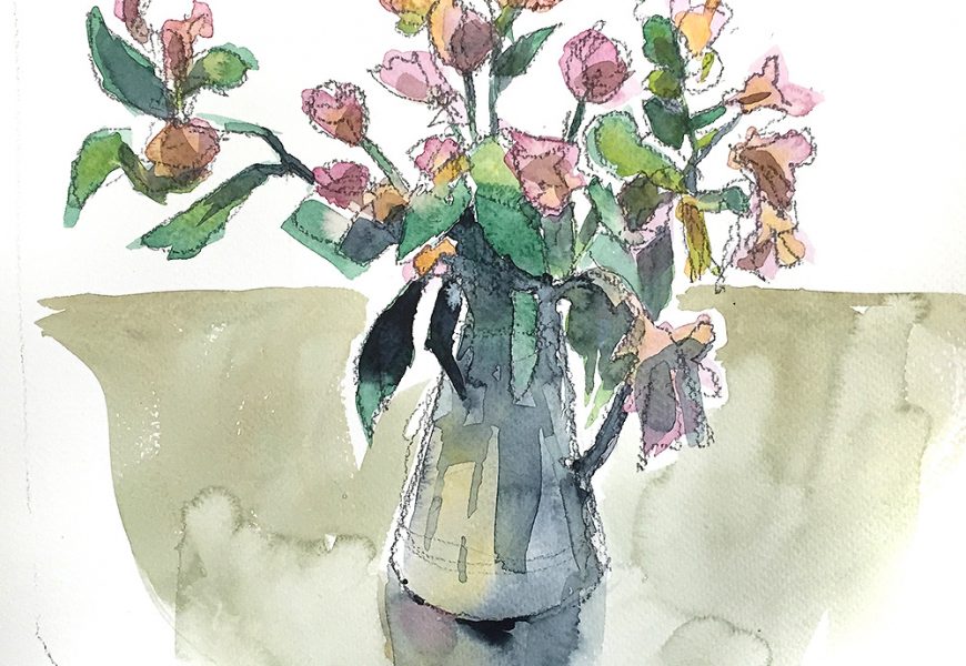 A watercolour by Nic Cowper of still life with flowers