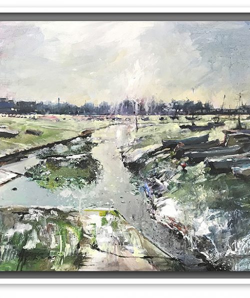 Image of large mixed media work by nic cowper of emsworth harbour