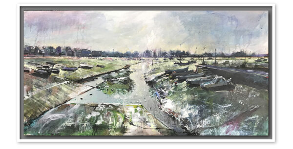 Picture visual Image of large mixed media work by nic cowper of emsworth harbour